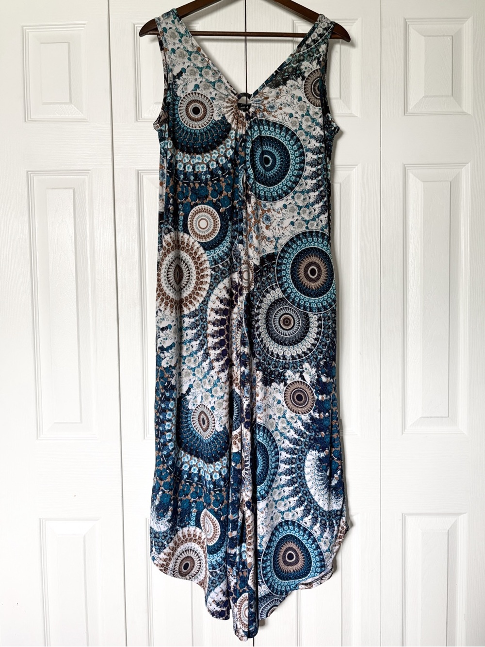 Sami & Jo Patterned Jumpsuit w/ Pockets Size Small Teal & Brown Boho Resortwear